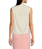 Donna Karan Draped Satin Sleeveless Mock Neck Gathered Shoulder Blouse