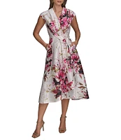 Donna Karan Dupioni V-Neck Cap Sleeve Tie Sash Midi Wrap Dress