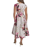 Donna Karan Dupioni V-Neck Cap Sleeve Tie Sash Midi Wrap Dress