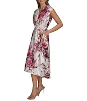 Donna Karan Dupioni V-Neck Cap Sleeve Tie Sash Midi Wrap Dress