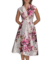 Donna Karan Dupioni V-Neck Cap Sleeve Tie Sash Midi Wrap Dress