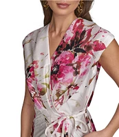 Donna Karan Dupioni V-Neck Cap Sleeve Tie Sash Midi Wrap Dress
