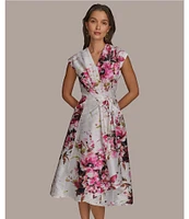 Donna Karan Dupioni V-Neck Cap Sleeve Tie Sash Midi Wrap Dress