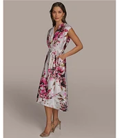 Donna Karan Dupioni V-Neck Cap Sleeve Tie Sash Midi Wrap Dress
