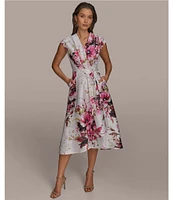 Donna Karan Dupioni V-Neck Cap Sleeve Tie Sash Midi Wrap Dress