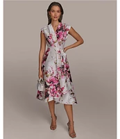 Donna Karan Dupioni V-Neck Cap Sleeve Tie Sash Midi Wrap Dress