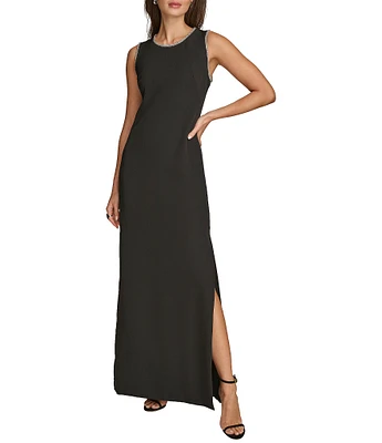 Donna Karan Embellished Crew Neck Sleeveless Side Slit Maxi Dress