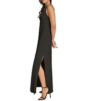 Donna Karan Embellished Crew Neck Sleeveless Side Slit Maxi Dress