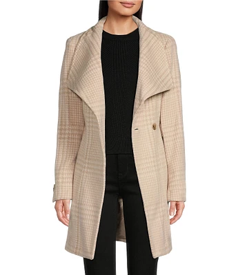 Donna Karan Envelope Collar Long Sleeve Belted Houndstooth Print Wool Blend Wrap Coat