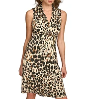 Donna Karan Filament Jersey Cheetah Print Surplice V-Neck Sleeveless Wrap Midi Dress