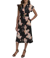 Donna Karan Floral Cap Sleeve Belted Midi Shirt Dress