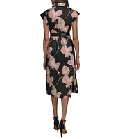Donna Karan Floral Cap Sleeve Belted Midi Shirt Dress