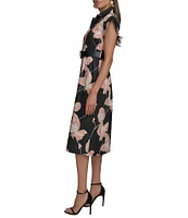 Donna Karan Floral Cap Sleeve Belted Midi Shirt Dress