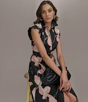 Donna Karan Floral Cap Sleeve Belted Midi Shirt Dress