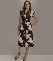 Donna Karan Floral Cap Sleeve Belted Midi Shirt Dress