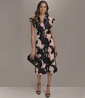 Donna Karan Floral Cap Sleeve Belted Midi Shirt Dress