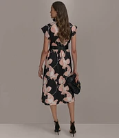 Donna Karan Floral Cap Sleeve Belted Midi Shirt Dress