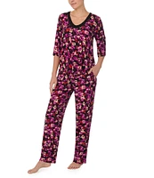 Donna Karan Floral Jersey Knit 3/4 Sleeve Scoop Neck Pajama Set