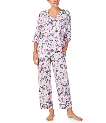 Donna Karan Floral Knit 3/4 Sleeve V-Neck Cropped Pajama Set