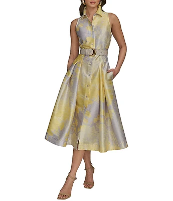 Donna Karan Floral Print Belted Point Collar A-Line Midi Shirt Dress