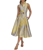 Donna Karan Floral Print Belted Point Collar A-Line Midi Shirt Dress