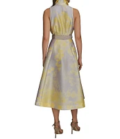 Donna Karan Floral Print Belted Point Collar A-Line Midi Shirt Dress
