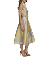 Donna Karan Floral Print Belted Point Collar A-Line Midi Shirt Dress