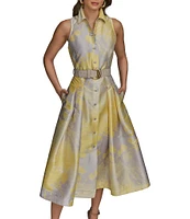 Donna Karan Floral Print Belted Point Collar A-Line Midi Shirt Dress