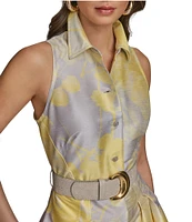 Donna Karan Floral Print Belted Point Collar A-Line Midi Shirt Dress
