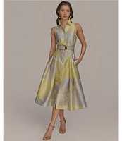 Donna Karan Floral Print Belted Point Collar A-Line Midi Shirt Dress