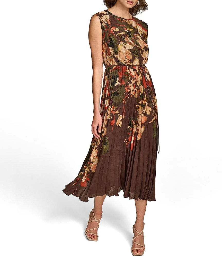 Donna Karan Floral Print Chiffon Crew Neck Short Sleeve Belted Midi Dress