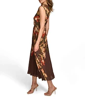 Donna Karan Floral Print Chiffon Crew Neck Short Sleeve Belted Midi Dress