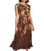 Donna Karan Floral Print Chiffon Crew Neck Short Sleeve Belted Midi Dress