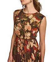 Donna Karan Floral Print Chiffon Crew Neck Short Sleeve Belted Midi Dress