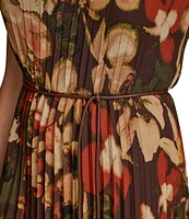 Donna Karan Floral Print Chiffon Crew Neck Short Sleeve Belted Midi Dress