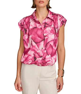 Donna Karan Abstract Floral Print Collared Neckline Ruched Cap Sleeve Blouse