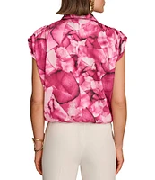 Donna Karan Abstract Floral Print Collared Neckline Ruched Cap Sleeve Blouse