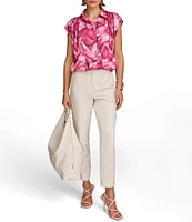 Donna Karan Abstract Floral Print Collared Neckline Ruched Cap Sleeve Blouse