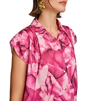 Donna Karan Abstract Floral Print Collared Neckline Ruched Cap Sleeve Blouse