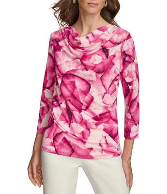 Donna Karan Abstract Floral Print Drape Front 3/4 Sleeve Blouse