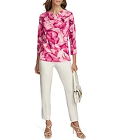 Donna Karan Abstract Floral Print Drape Front 3/4 Sleeve Blouse