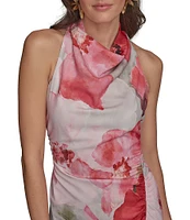 Donna Karan Floral Print Halter Neck Satin Slip Dress