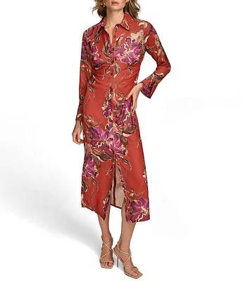 Donna Karan Floral Print Satin Point Collar Long Sleeve Button Front Shirt Dress