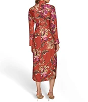 Donna Karan Floral Print Satin Point Collar Long Sleeve Button Front Shirt Dress