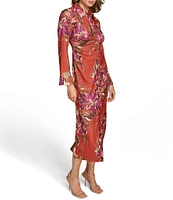 Donna Karan Floral Print Satin Point Collar Long Sleeve Button Front Shirt Dress