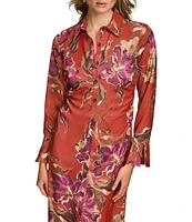 Donna Karan Floral Print Satin Point Collar Long Sleeve Button Front Shirt Dress