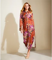 Donna Karan Floral Print Satin Point Collar Long Sleeve Button Front Shirt Dress