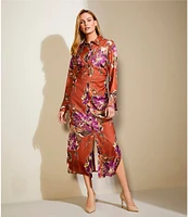 Donna Karan Floral Print Satin Point Collar Long Sleeve Button Front Shirt Dress