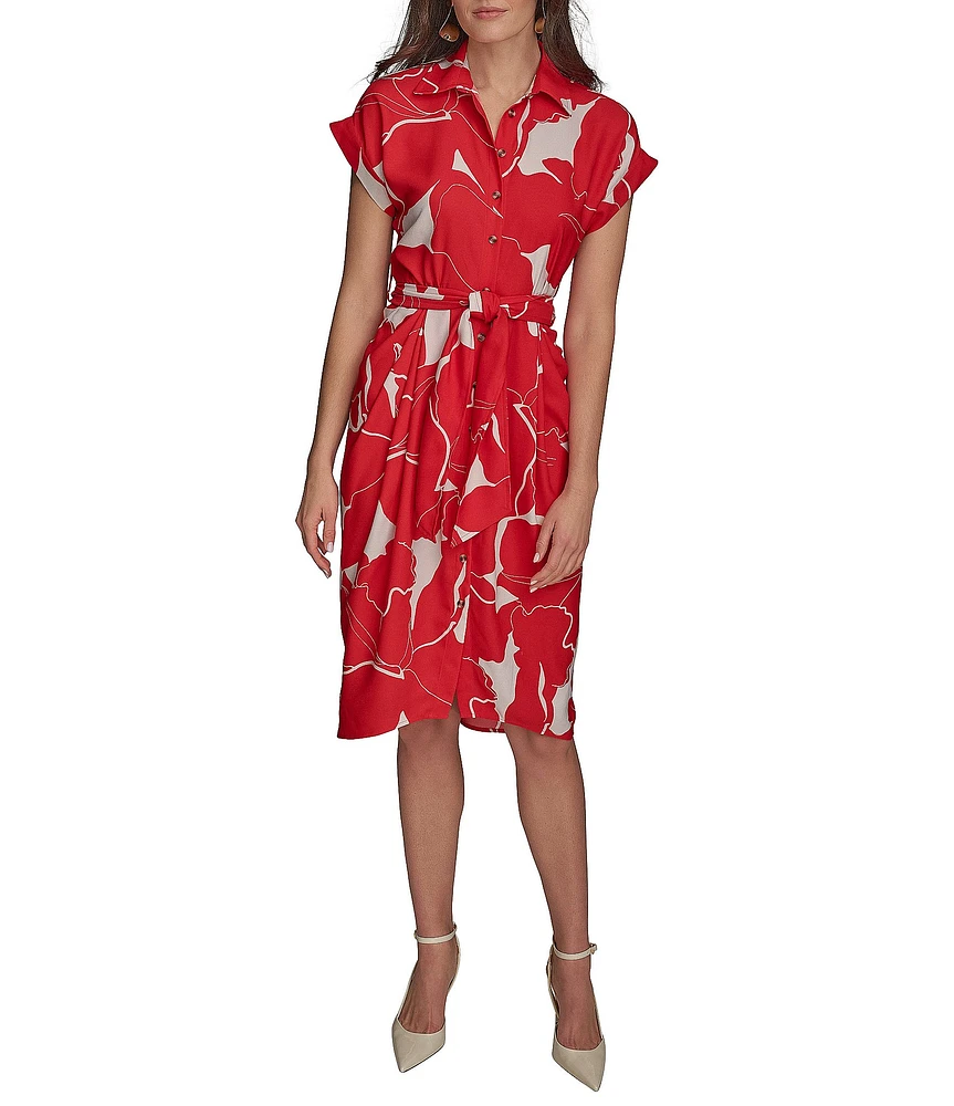 Donna Karan Floral Print Short Sleeve Crepe Shirt Dress