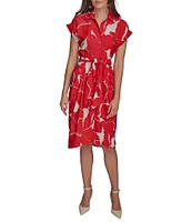 Donna Karan Floral Print Short Sleeve Crepe Shirt Dress